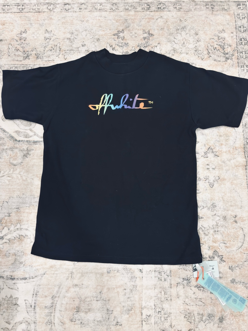 Off-White Black Tee with Multicolor Tag Detail